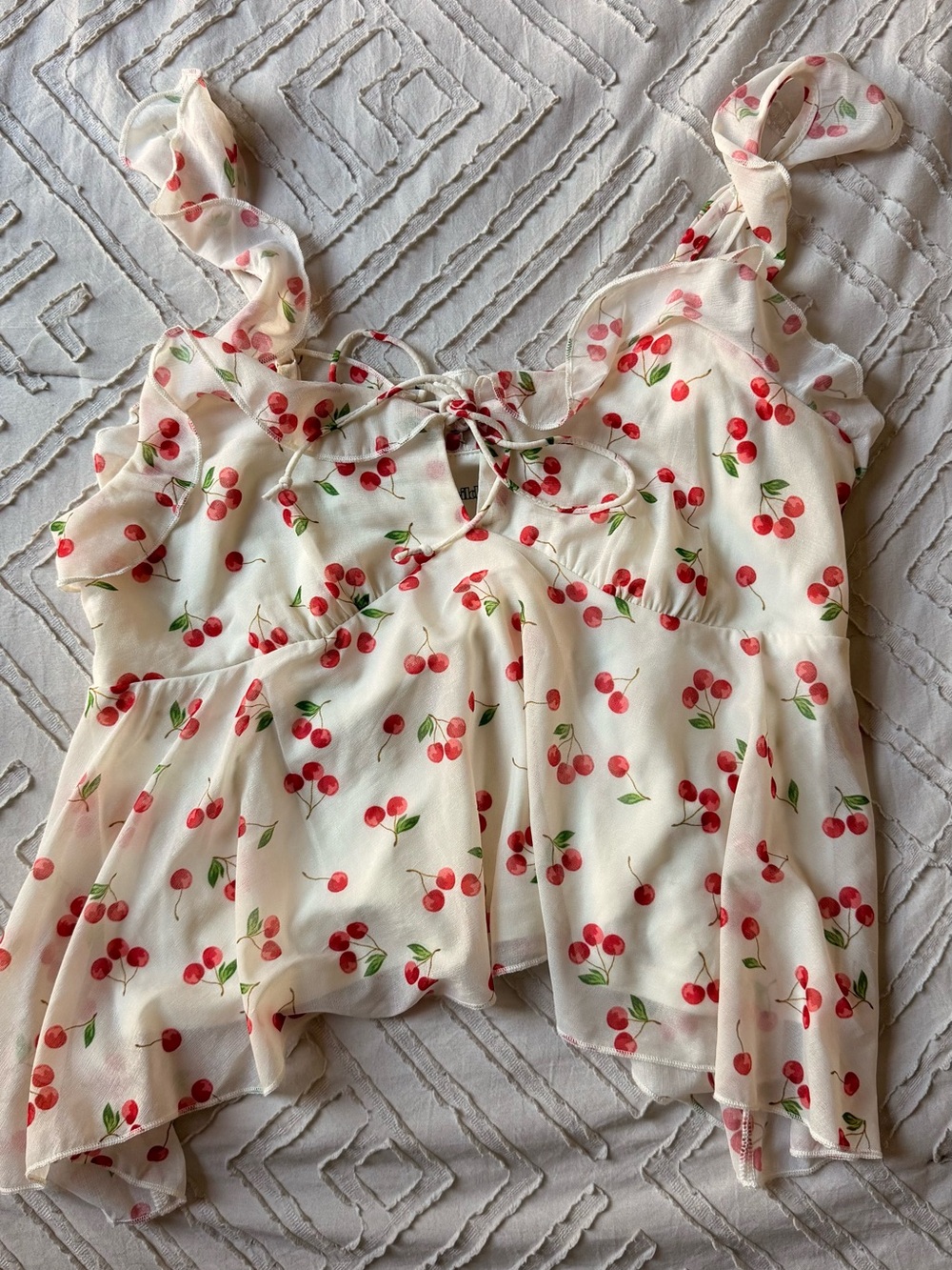 wild fable White Chiffon Cherry-Print Tie-Front Crop Top